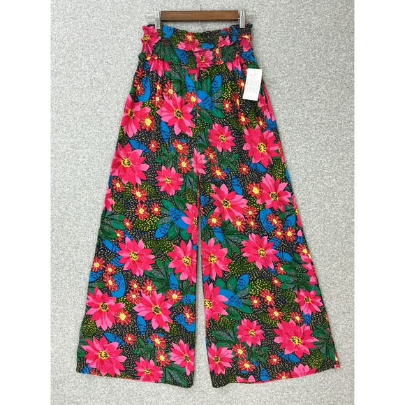 Patrons of Peace Pants - Patrons of Peace Smocked Wide-Leg Pants Size M Floral Dopamine BOHO Festival NWT